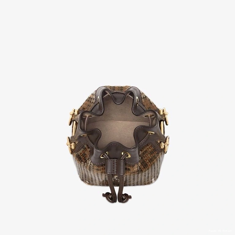 Vintage HOT Fendi Bag Motif Tresor Fabric Mon In Brown FF Sequins Mini with Bucket 0712